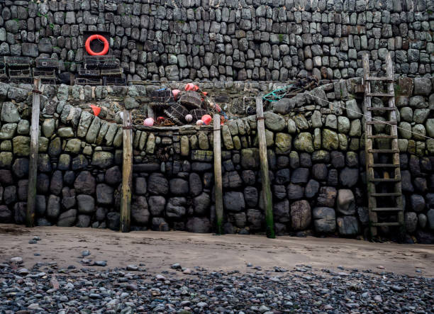 The harbour wall at Clovelly, Devon, during low tide. An old wooden ladder leads down to the shore, and a jumble of fishing equipment sits on top of the harbour wall. Lobster pots wait for their next catch amongst the piles of rope and buoys. A red life belt reminds us to respect the sea.