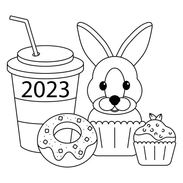 Vector illustration of 2023. Rabbit, drink glass and cupcakes coloring book for kids.