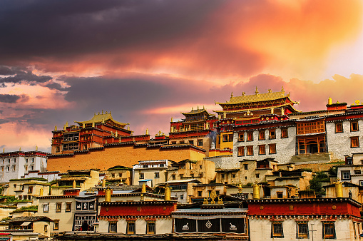 Little potala or tibetan monastery in Shangrila old town of Zhongdian , Yunnan , China - Ancient architecture building famous landmark of tibet travel