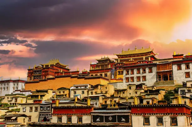 Little potala or tibetan monastery in Shangrila old town of Zhongdian , Yunnan , China - Ancient architecture building famous landmark of tibet travel