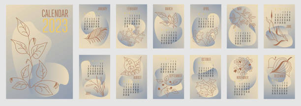 istock Vector vertical calendar 2023 trendy abstract shapes with hand drawn botanic plants. Week starts on Monday. 1424907765
