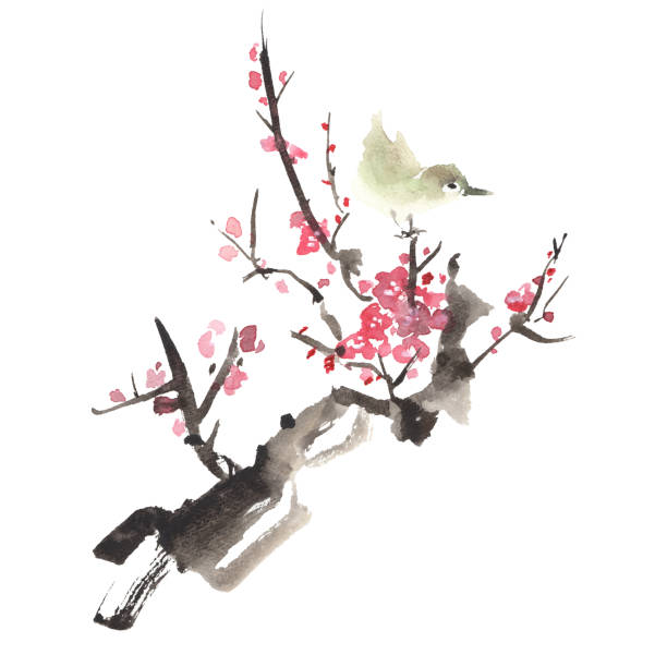 istock An ink painting illustration of a red plum tree and a bush warbler perched on a branch 1424912269