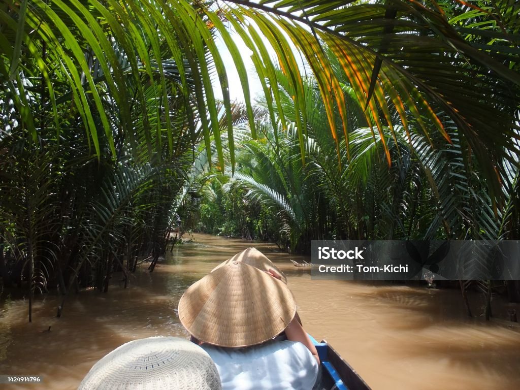 Mekong River Cruise／Vietnam This is a river descent of the Mekong River.he rowing boat will proceed between the tunnel of green lush palm.Everyone are wearing a hat ’Non La’  made of a straw.Local people use boats as a means of transportation. Mekong River Stock Photo