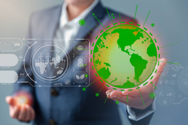 Sustainable development and innovation green business concept. Businesswoman working virtual globe modern computer to reduce CO2 emissions carbon footprint climate change to limit global warming. desarrollo sostenible e innovación concepto de negocio verde. mujer de negocios trabaja en el mundo virtual de la computadora moderna para reducir las emisiones de co2 huella de carbono cambio climático para limitar el calentamiento global.