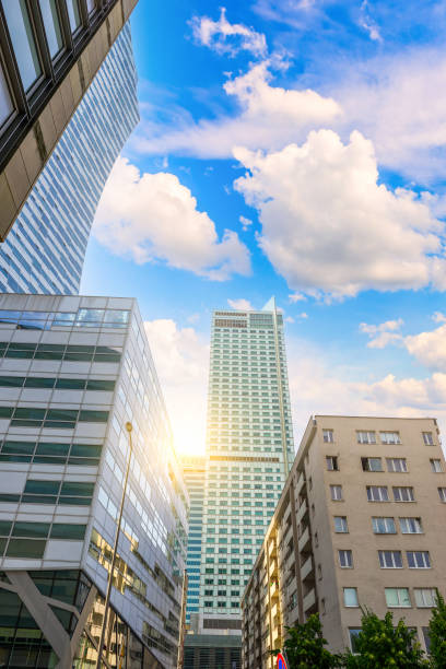 Skyscrapers and houses in Warsaw at sunrise, Poland
