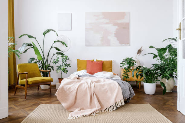 Light bedroom in apartment with retro interior design