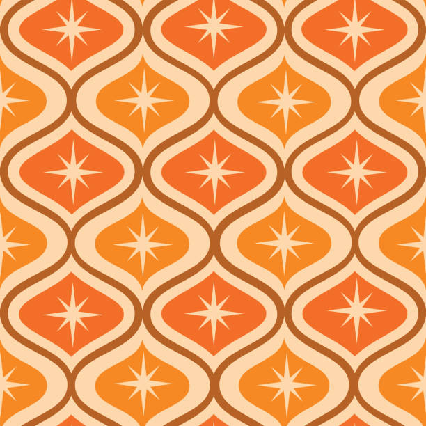 ilustraciones, imágenes clip art, dibujos animados e iconos de stock de estallido estelar atómico moderno de mediados de siglo sobre óvalos ogee naranjas y ámbar patrón sin costuras. - wallpaper pattern wallpaper 1950s style ornate