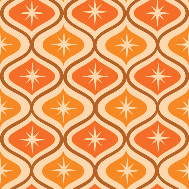 중반 세기 현대 원자 별은 오렌지색, 호박색 오기 타원형에 매끄럽지 않은 패턴으로 폭발합니다. - wallpaper pattern wallpaper 1950s style ornate stock illustrations