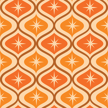 Mid century modern atomic starburst on orange, amber ogee ovals seamless pattern. For home décor, wallpaper and textile