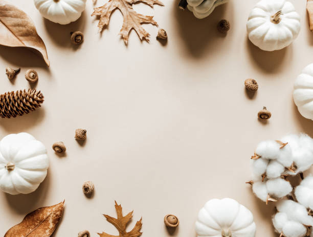 istock Fall composition with different leaves, pumpkins, acorns on beige background. 1424923984