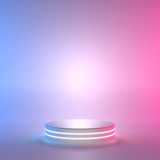 istock A cylindrical stage platform houses products with neon lines. 3D Scene. 1424927385