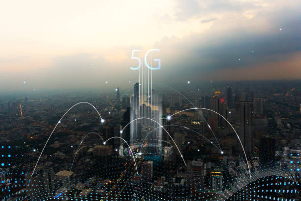 5G network connection technology and smart city concept. Aesthetic intricate wave line design banner template background stock photo