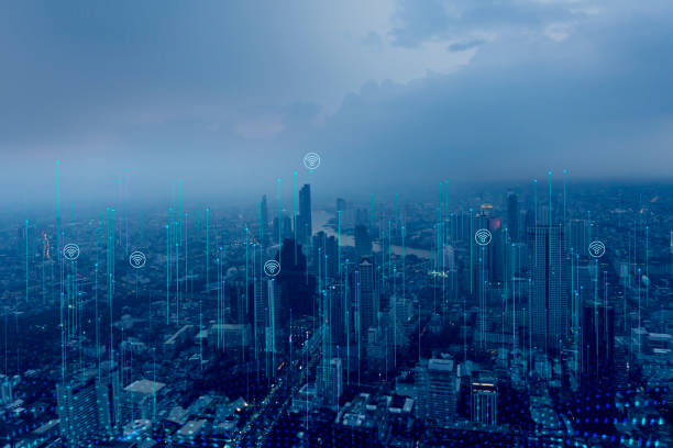 istock 5G network connection technology and smart city concept. Aesthetic intricate wave line design banner template background 1424927853