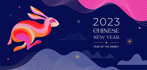 Chinese new year 2023 year of the rabbit - Chinese zodiac symbol, Lunar new year concept, colorful modern background design