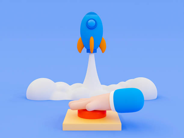 istock 3d minimal start-up concept. launching a new business. starting a new project. hand pressing a button and the rocket rising. 3d illustration. 1424933005