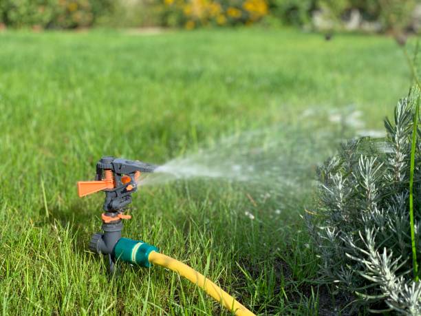 irrigation of green lawn Garden Hose Sprinkler agricultural sprinkler stock pictures, royalty-free photos & images