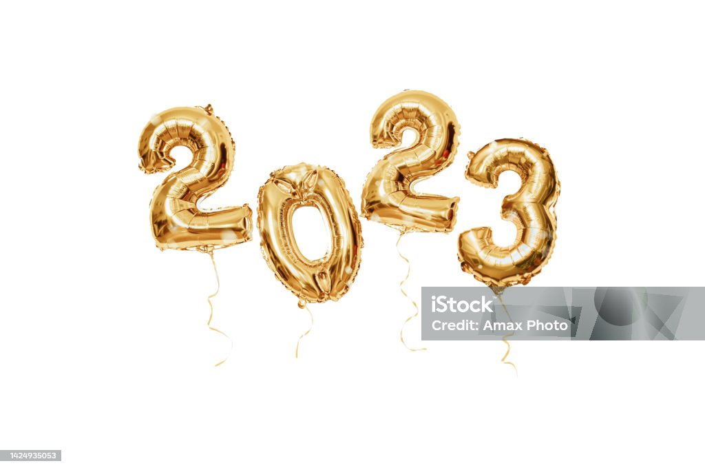 Christmas and New Year 2023 background with gold festive balloons isolated on white backdrop 2023 Stock Photo