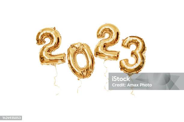 Christmas And New Year 2023 Background With Gold Festive Balloons Isolated On White Backdrop Stock Photo - Download Image Now