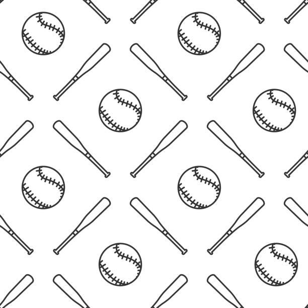 illustrazioni stock, clip art, cartoni animati e icone di tendenza di modello senza cuciture di mazza da baseball e palla in bianco e nero. illustrazione vettoriale isolata su sfondo bianco - baseball practicing pitcher softball