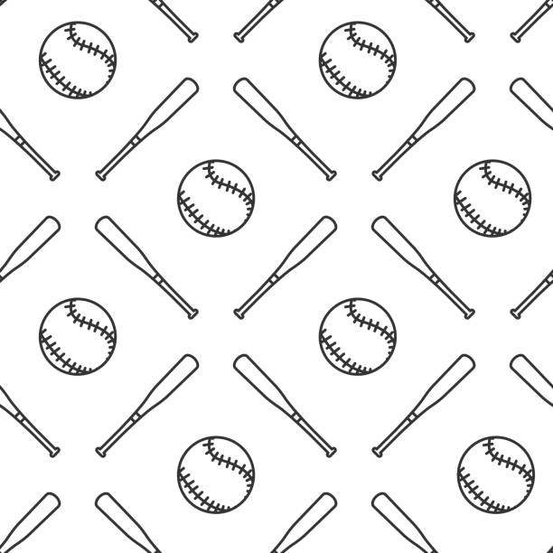 ilustrações, clipart, desenhos animados e ícones de padrão perfeito de taco de beisebol e bola preto e branco. ilustração de vetor isolada em fundo branco - sports equipment baseball player sport softball