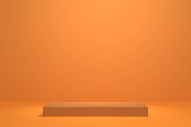 istock 3D illustration. Mockup podium, geometrical abstract composition for products or advertising on orange background. 3d rendering 1424943947