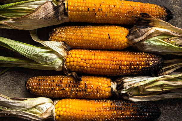 istock Roasted corn cobs on stone table, grilled organic food 1424946701