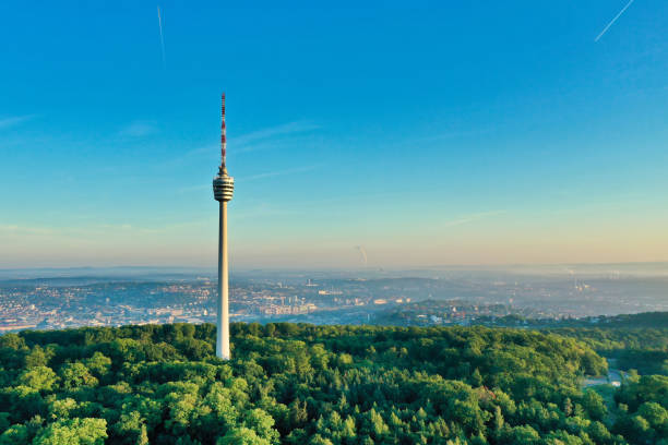 Stuttgart Sunrise, Stuttgart skyline, Aerial view with tv tower, Germany stock photo