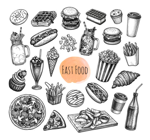 ilustrações de stock, clip art, desenhos animados e ícones de fast food big set. - malt white background alcohol drink