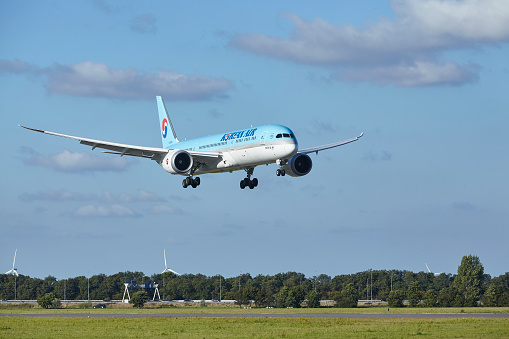 Vijfhuizen, The Netherlands - August, 20, 2022. The Boeing 787-9 Dreamliner of Korean Air with the identification HL8345 lands at Amsterdam Airport Schiphol (The Netherlands, AMS, runway Polderbaan).