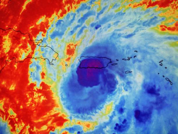 Satellite image of Fiona becoming a hurricane in the Caribbean south of Puerto Rico Fiona becomes a hurricane in the Caribbean south of Puerto Rico. Wind shear has relaxed enough for the tropical storm to become hurricane Fiona. The hurricane is expected to be slow to develop further as it interacts with the island but could become a major storm later in the week of September 18 as it enters the open Atlantic. typhoon satellite stock pictures, royalty-free photos & images