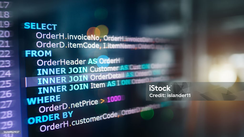 Sql Code On Computer Monitor With Database And Server Room Background ...