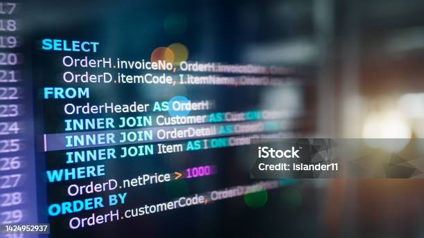 Sql Code On Computer Monitor With Database And Server Room Background ...
