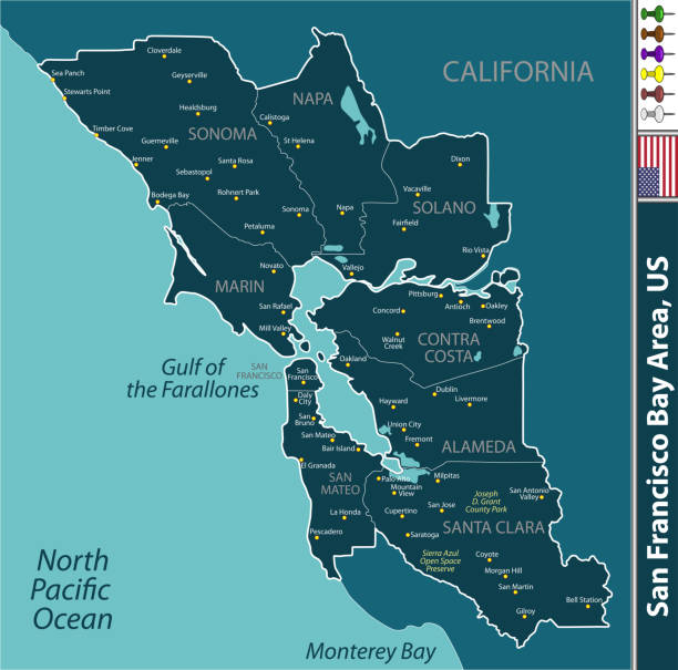 San Francisco Bay Area, US San Francisco Bay Area in California, United States with neighboring counties. Vector image san francisco flag stock illustrations
