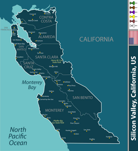 силиконовая долина калифорния, сша - map san francisco bay area california cartography stock illustrations