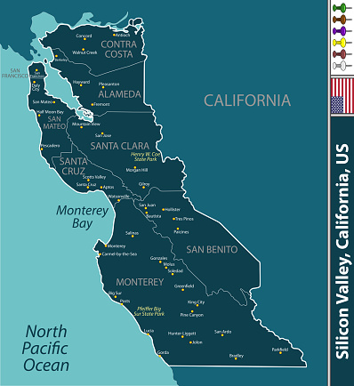 Silicon Valley region in California, United States with neighboring counties. Vector image