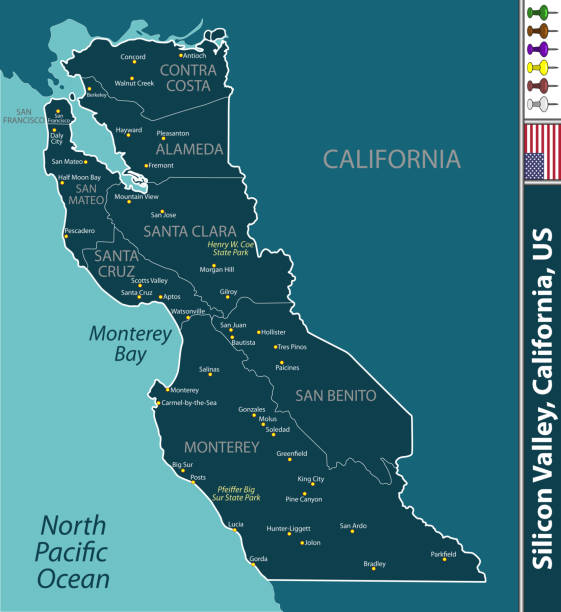 Silicon Valley California, United States Silicon Valley region in California, United States with neighboring counties. Vector image san francisco flag stock illustrations