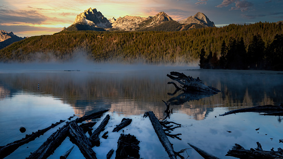 Mist looms over Redfish Lake in the Sawtooth mountains