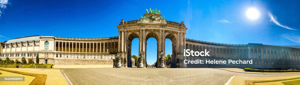 The Cinquantenaire  Brussels Panoramic view of the triumphal arch with triple arch in the center of the Cinquantenaire Park Brussels City of Brussels Stock Photo