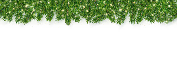 Seamless christmas border Christmas fir tree garland background, realistic look, holiday design. The file contains transparency and gradient mesh. Carefully layered and grouped for easy editing. This illustration is designed to make a smooth seamless pattern if you duplicate it horizontally to cover more space. evergreen garland stock illustrations