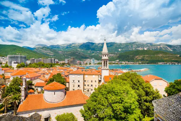 Beautiful summer landscape with the historic town of Budva - view from the Citadel fortress, Montenegro