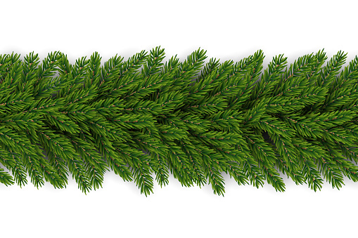 Christmas fir tree garland background, realistic look, holiday design. The file contains transparency and gradient mesh. Carefully layered and grouped for easy editing. This illustration is designed to make a smooth seamless pattern if you duplicate it horizontally to cover more space.
