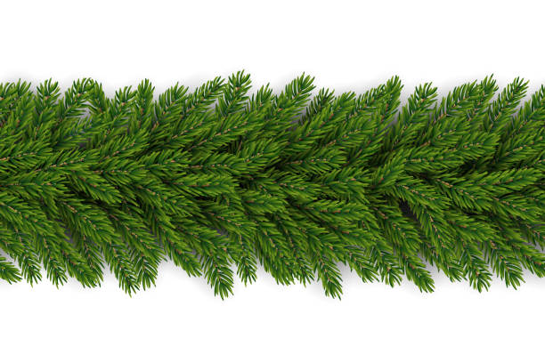 Seamless Vector Christmas Garland Decoration Christmas fir tree garland background, realistic look, holiday design. The file contains transparency and gradient mesh. Carefully layered and grouped for easy editing. This illustration is designed to make a smooth seamless pattern if you duplicate it horizontally to cover more space. evergreen garland stock illustrations