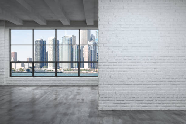 istock Downtown Chicago City Skyline Buildings Window background. Mock up copy space wall. Empty office room Interior Skyscrapers, View Lake Michigan waterfront. Cityscape. Day time. 3d rendering. 1424959960