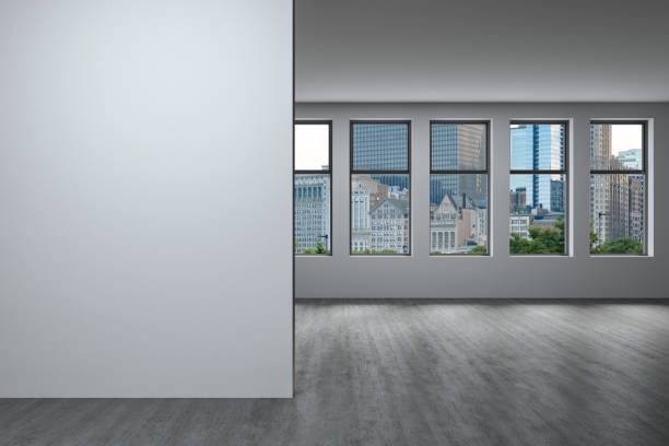 istock Downtown Chicago City Skyline Buildings Window background. Copy space white wall. Empty room Interior Skyscrapers View. Mockup concept. Day time. 3d rendering. 1424959964