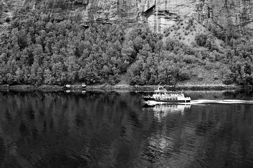 Geirangerfjord near Hellesylt in Norway.  This is a ferry on the Fjord.
