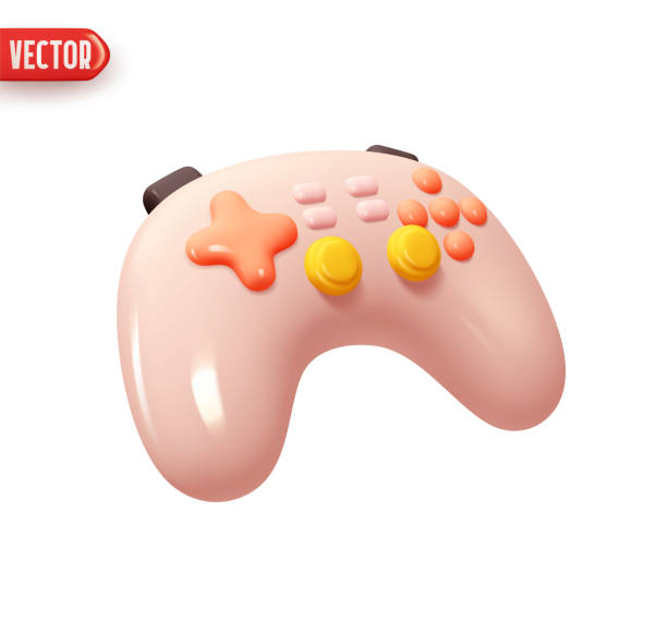 illustrations, cliparts, dessins animés et icônes de manettes de jeu. joystick de jeu moderne. élément de conception 3d réaliste dans le style de dessin animé en plastique. icône rose isolée sur fond blanc. illustration vectorielle - joystick