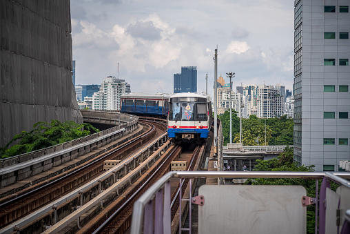 Bangkok, Thailand - September 19, 2019: Skytrain sits at a city center station, The Thai capital`s public transport rail network has a daily in Bangkok, Thailand