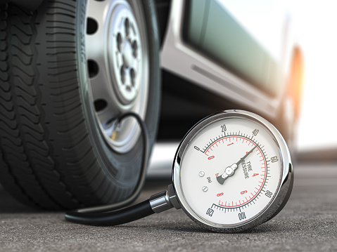 Tyre pressure gauge and car wheel. Inflation, inspection and measurement of wheel tyre. 3d illustration