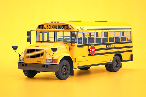 School bus isolated on yellow background. 3d illustration