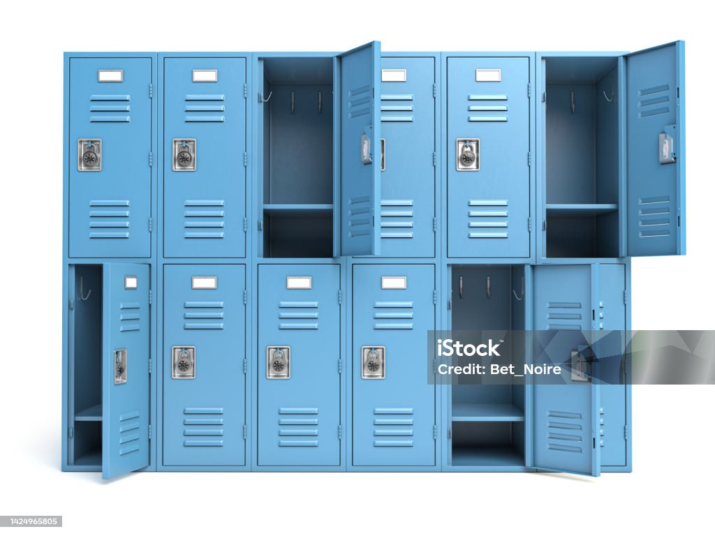 Metal locker box with open doors isolated on white. Metal locker box with open doors isolated on white. 3d illustration Locker Stock Photo